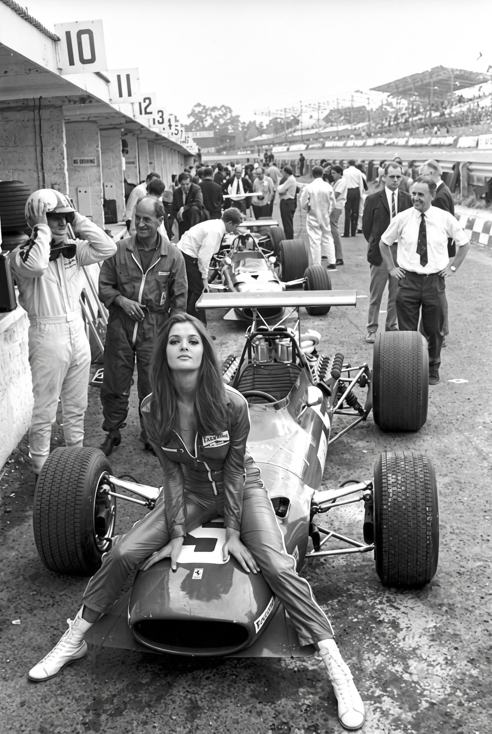 Pit lane de un Gran Premio de finales de los años sesenta con monoplazas y mecánicos